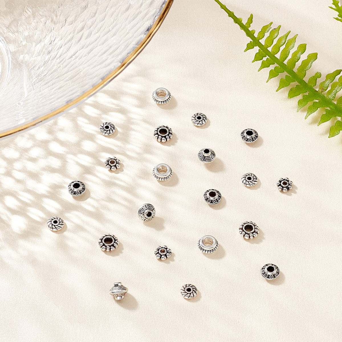 PH PandaHall 300pcs 6 Style Antique Silver Spacer Beads, Tibetan Metal Alloy Tube Spacers Flower Flat Rondelle Small Loose Beads for Bracelet Necklace Earring Jewelry Making Supplies