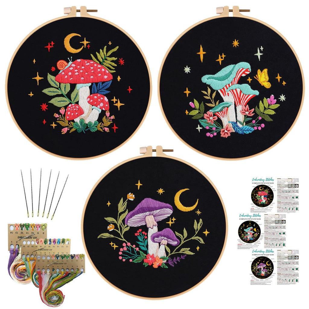 Nuberlic 3 Pack Embroidery Kit for Beginner Adults, Stamped Cross Stitch with Mushroom Patterns Include 3 Hoop, Cloth Thread Needles and Instructions