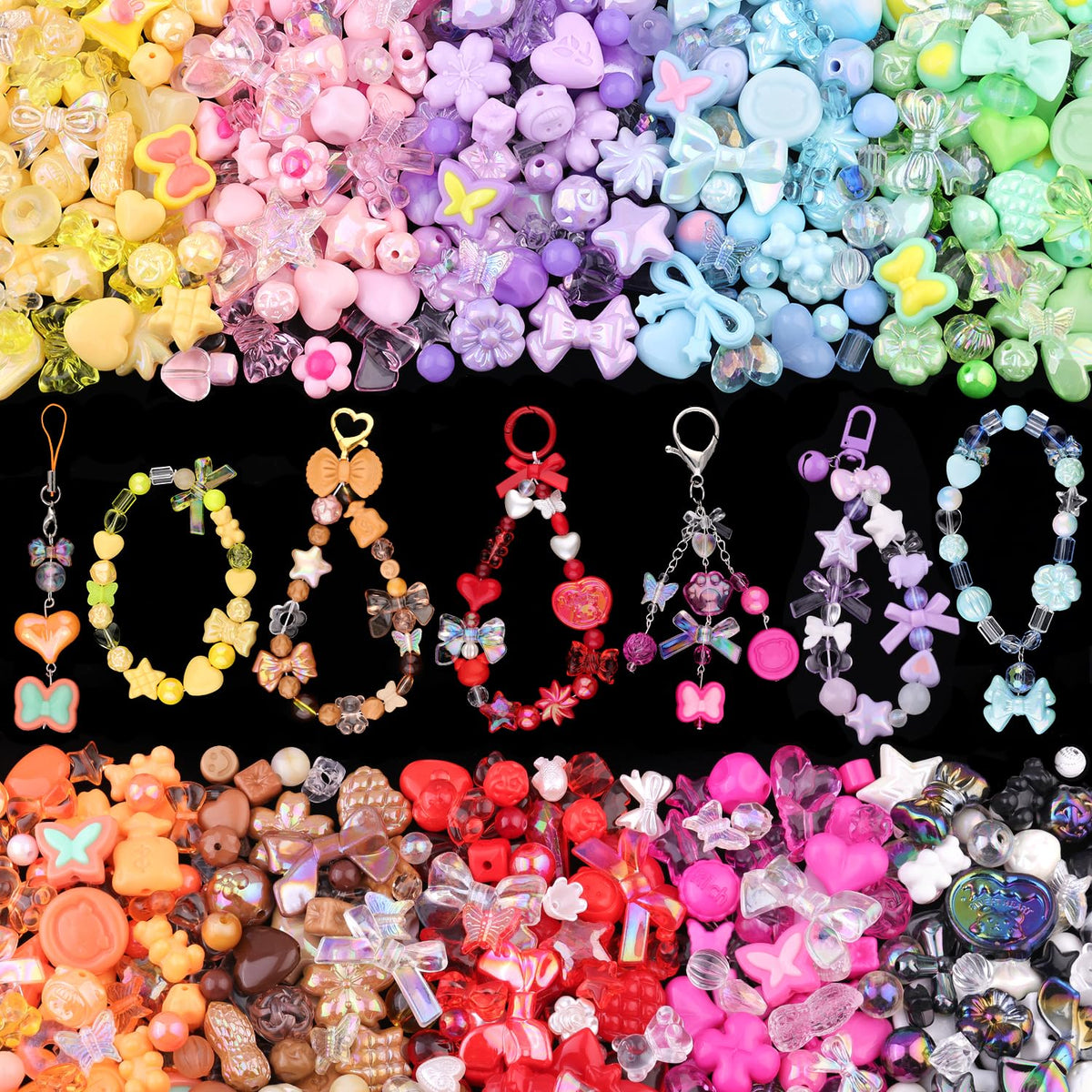 TINKRSTUFF Assorted 500PCS 10 Colors Mixed Acrylic Beads for Bracelet Making, Flower Bow Butterfly GummyBear Aesthetic Bracelet Charms,Cute Beads for Jewelry Making DIY Necklace Keychain Phone Charm
