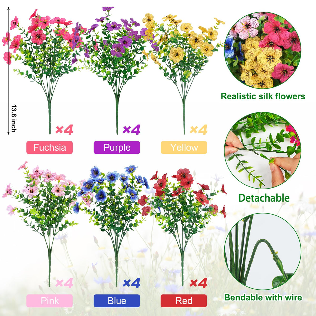 Ouddy Decor 24 Bundles Artificial Flowers for Outdoors Fake Silk Flowers UV Resistant Faux Plastic Plants for Spring Summer Garden Porch Window Box Table Vase Home Indoor Outdoor Decoration, Mixed