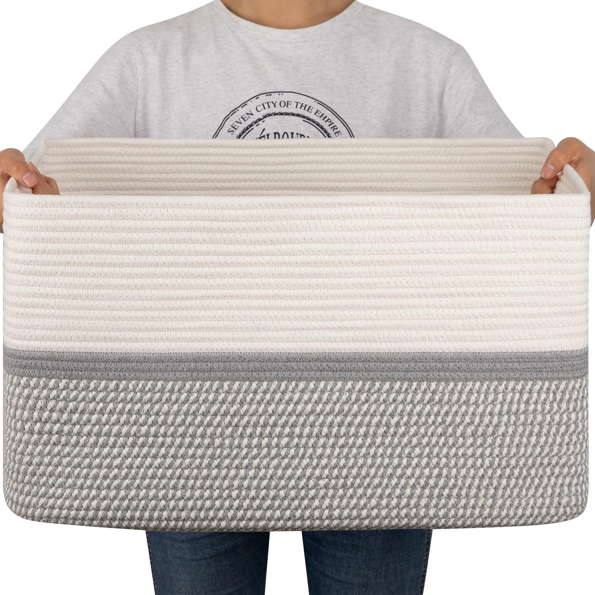 OIAHOMY Extr Large Toy Storage Basket, Rectangle Cotton Rope Storage Basket, Blanket Basket Living Room, Woven Baskets for Organizing, 25 x 17x 12 Inches-Grey/White