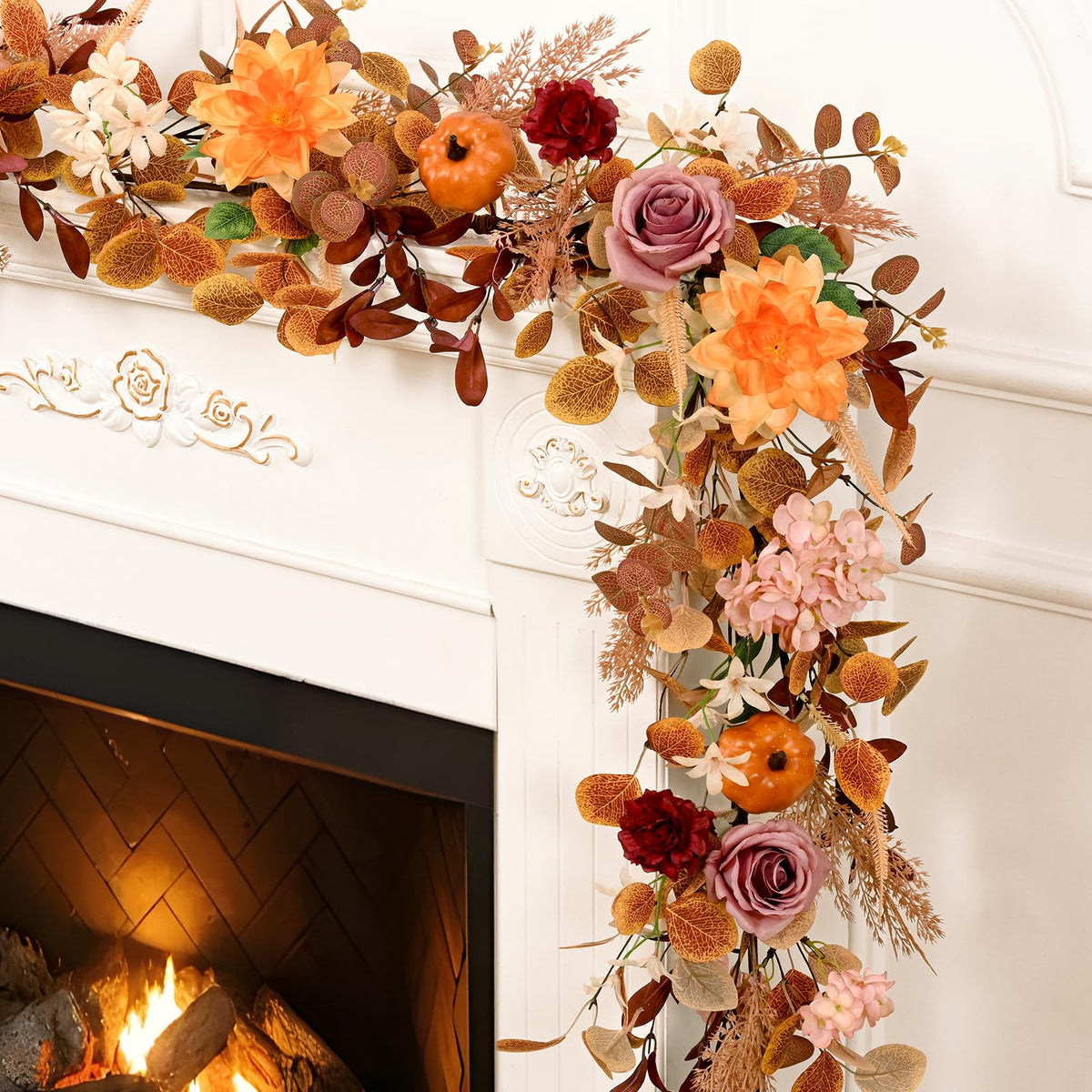 6FT Fall Garland for Mantle, Pumpkin Dahlia Garland Fall Decor