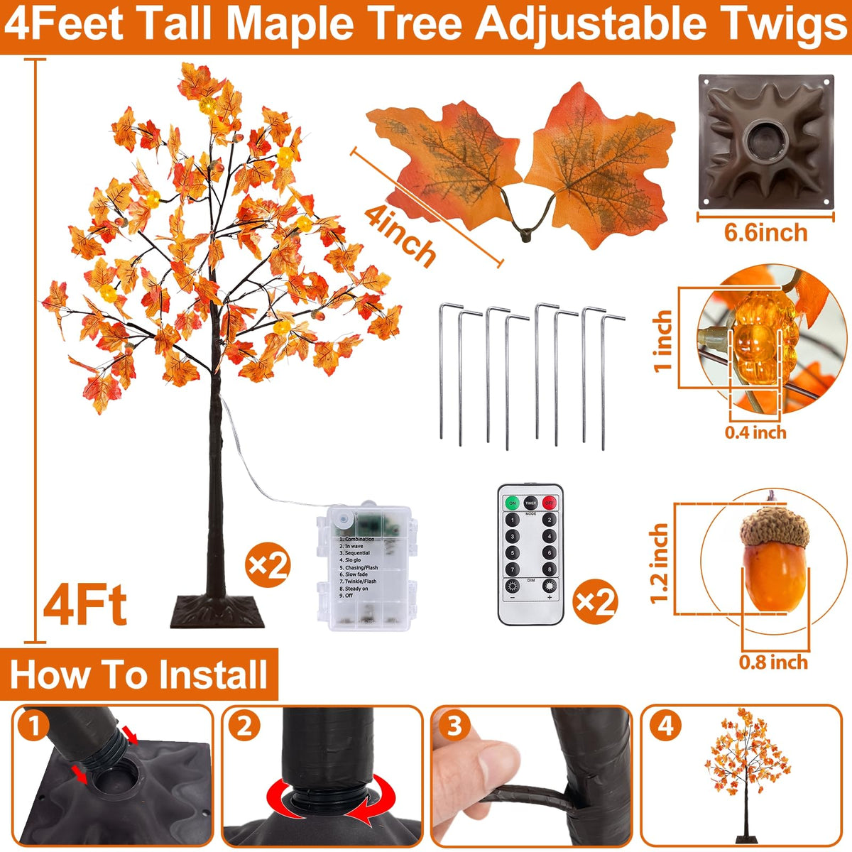 Remote Control&Timer - 2Pack 4 Ft Prelit Lighted Fall Maple Tree 96LED