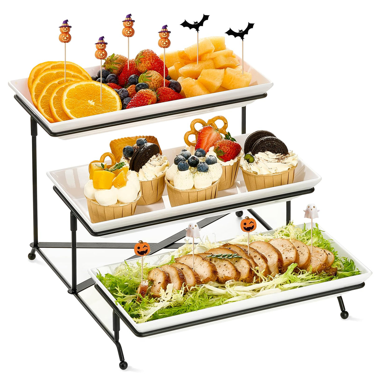 3 Tier Serving Tray Set, 12" Tiered Serving Trays Platters, Reusable Serving Tray for Party, Collapsible Sturdier Stand with Stable Cross Bars, Serving Platters for Veggie, Fruit, Dessert