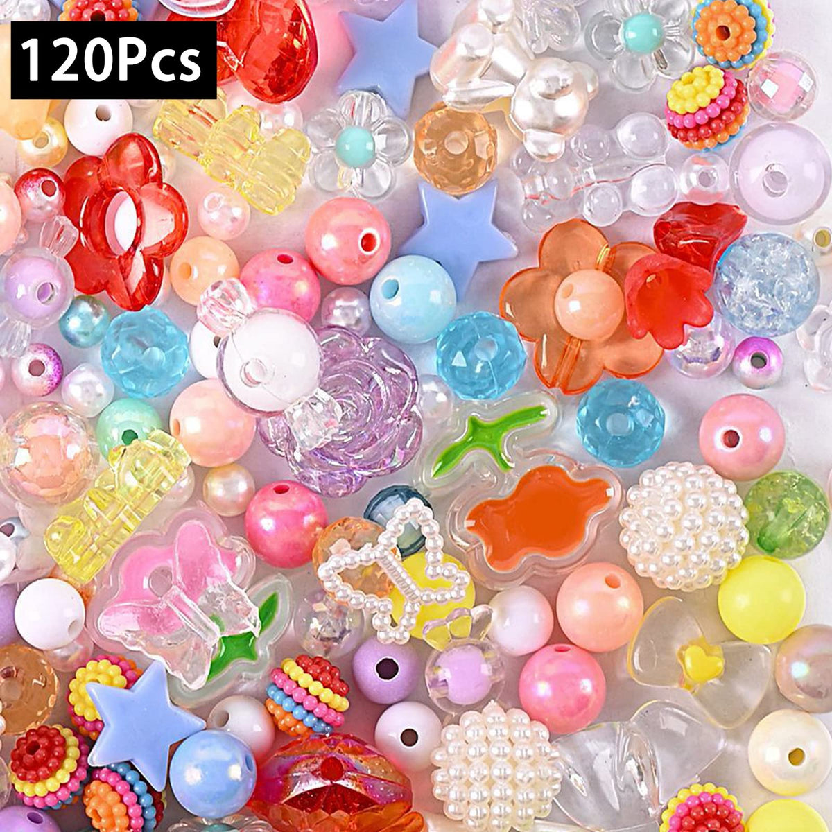 120Pcs Acrylic Assorted Beads Mix Color Flower Heart Butterfly Candy Beads Pastel Beads Candy Color Plastic Beads Cute Round Beads Bulk for Bracelets Jewelry Making Necklaces DIY Crafts