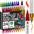 24 Metallic Acrylic Paint Markers - Paint Pens for Drawing, Brush + Fine Tips - For Fabric, Rock, Glass, Wood, Eggs - Art & Craft Supplies for Adults, Teens, Kids - Easter Basket Stuffers