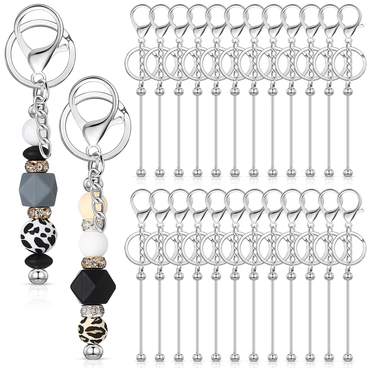 Tondiamo 24 Pcs Beadable Keychain Bars Bulk Beads for Keychain Making Kit Gifts for Women Men DIY Crafts(Silver)