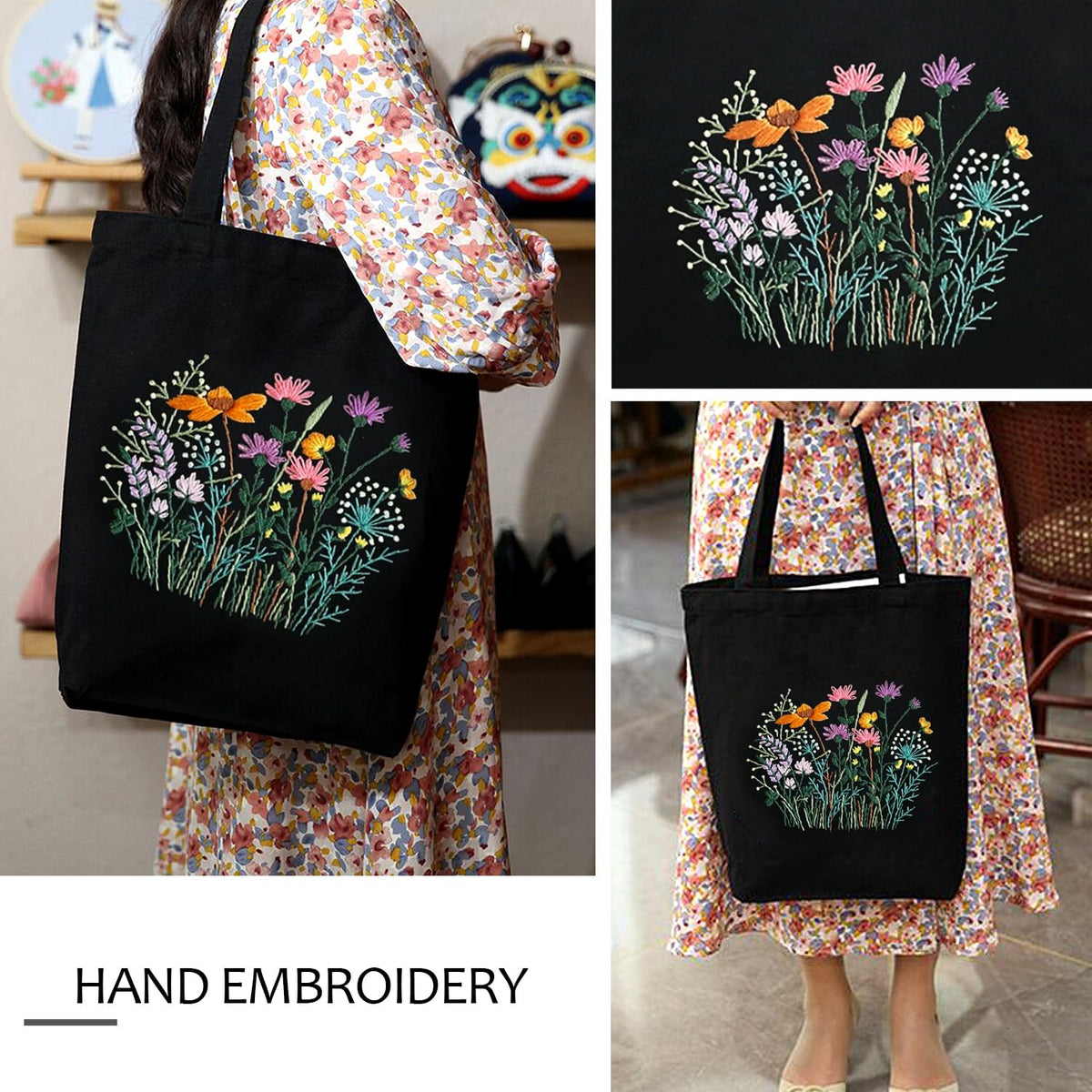 Canvas Tote Bag Embroidery Kit with Pattern, Beginner Embroidery Kits for Adults, Arts and DIY Crafts Embroidery Starter kit, Include Stamped Embroidery Bag, Embroidery Hoops, Color Threads and Tool.