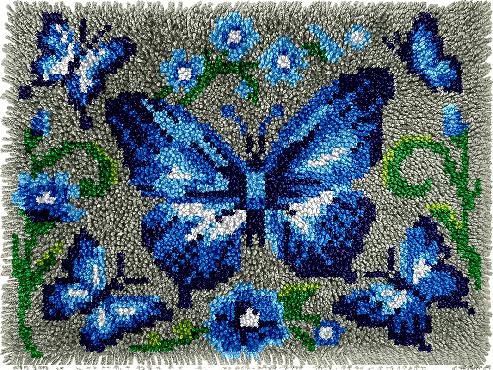 Blue Butterfly Latch Hook Kits for Adults, Beginners Insect Latch Hook Rug Starter Kit Pre-Printed Carpet Making Set DIY Handmade Wall Hanging Craft for Home Decoration 20x15 inch