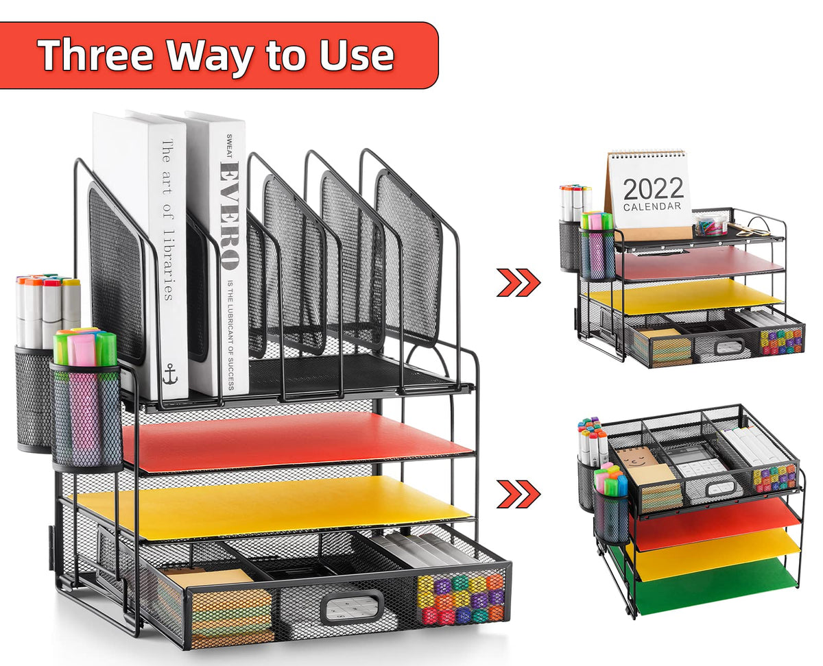 Marbrasse Desk Organizer with Drawer, 4-Tier Mesh Desk File Organizer with 5 Vertical File Holders and 2 Pen Holders, Multifunction Desktop Organizer