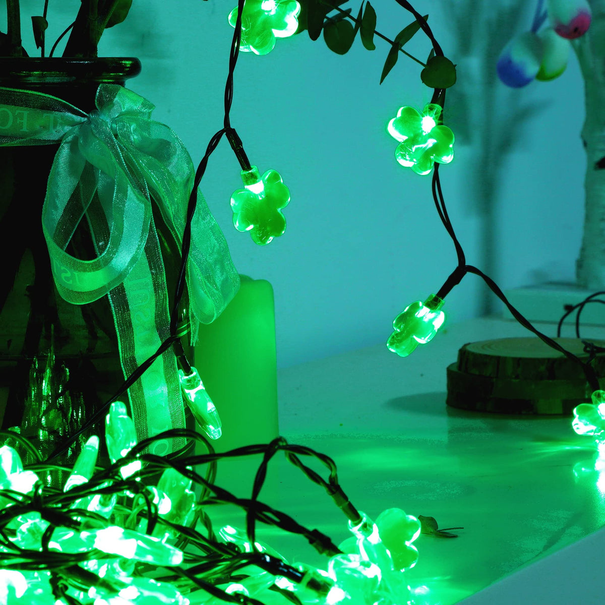 St. Patricks Day String Lights Outdoor, 50 LED 16 FT Shamrocks Decorative Green Leaf Lights Battery Operated, 8 Lighting Modes & Timer, Waterproof for Home Garden Party Decoration, 1 Pack
