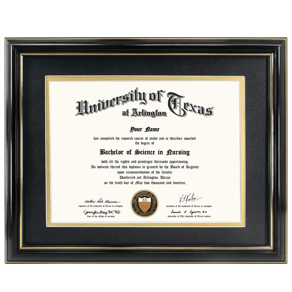 GraduationMall 8.5x11 Diploma Frame with Black over Gold Mat or Display 11x14 Certificate without Mat,Solid Wood & Tempered Glass,Glossy Black Finish with Gold Trim