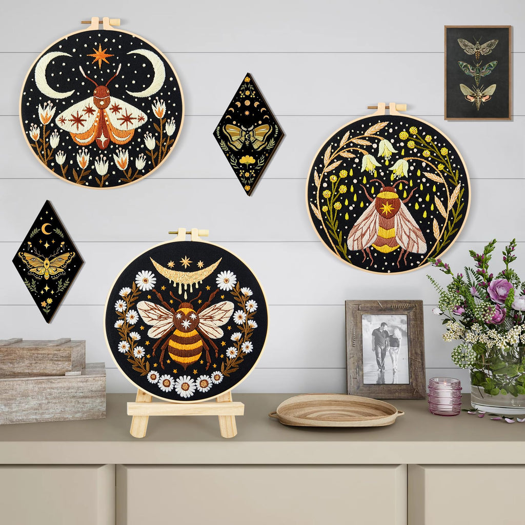 Hand Embroidery Starter Kits for Beginners Adults, Counted Stamped Cross Stitch Kit for Beginners Adults, Embroidery Needlepoint Kit with Moth Flower Pattern, 3 Hoops (Attached Teaching Video QR Code)