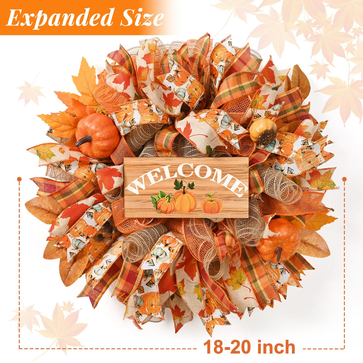 Waipfaru Fall Wreaths for Front Door, Fall Mesh Wreath with Wooden Sign Fishnet Yarn Autumn Pumpkin, Thanksgiving Halloween Decorations for Home, Porch Decor(18-20 Inch)