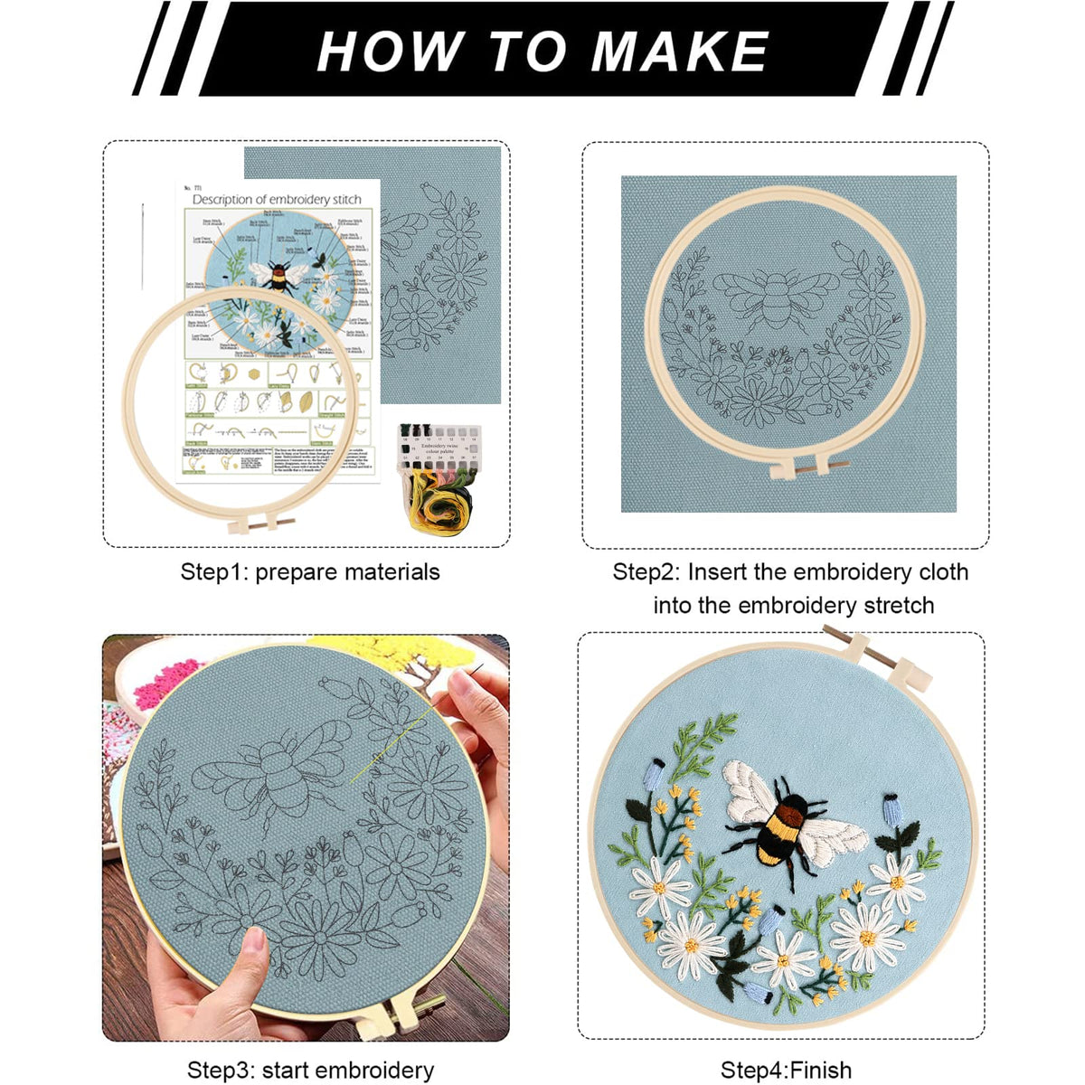Embroidery Starter Kit for Beginners, 3 Sets Cross Stitch Kits for Adults, Include Embroidery Clothes with Cute Bees and Flowers Patterns, 1 Embroidery Hoop, Threads, Needles and Instruction