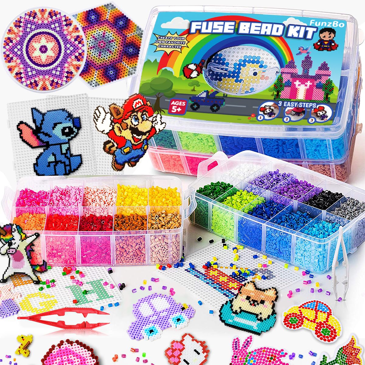FUNZBO 23000 5mm Fuse Beads Kit - 22 Colors | 106 Patterns, School Arts and Crafts Supplies for Kids, Toys Set, Art Decorations for Room, Birthday Gifts for Girls and Boys Age 5+