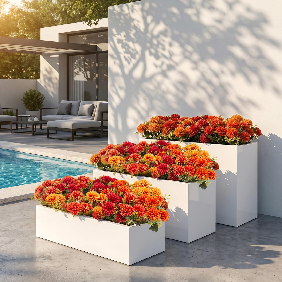 12 Pcs Artificial Mums Flowers for Outdoor, UV Resistant Fake fall Chrysanthemums Marigold Plant, Autumn Floral Arrangements for Outside, Garden, Yard (12, Orange, Burnt Orange, Red, Burgundy)