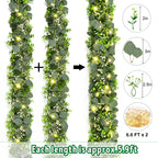 2Pcs Eucalyptus Garland with Lights, Greenery Garland, Green Garland with Flowers, 5.9FT Artificial Faux Eucalyptus Leaves Vines for Table Mantle Home Wedding Party Indoor Outdoor Decor