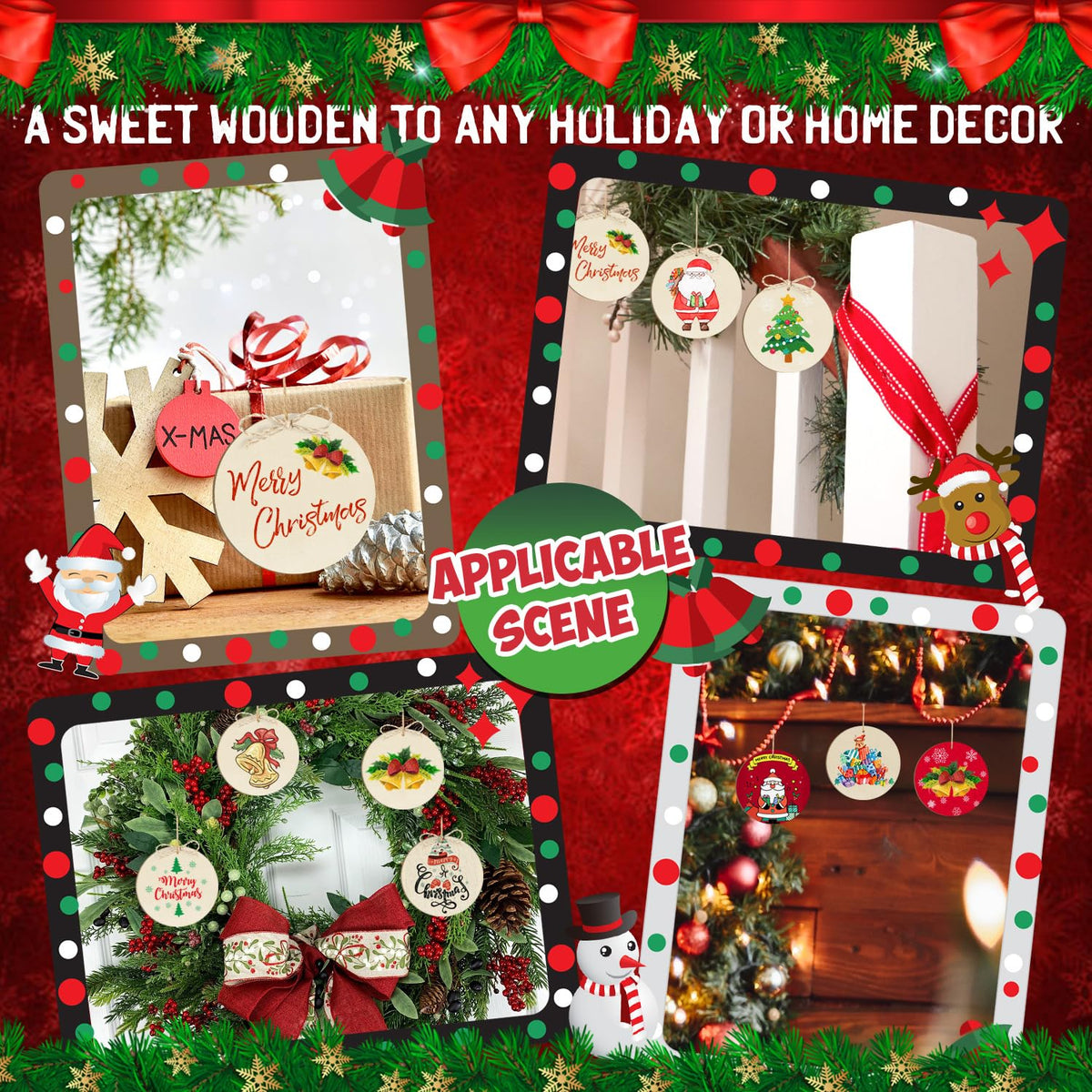 Wooden Christmas Ornaments to Paint Christmas Round Decoration Cutouts Unfinished 24PCS 3.5 x 3 inches, DIY Blank Unfinished Christmas Tree Wood Discs Ornament for Home Crafts Hanging