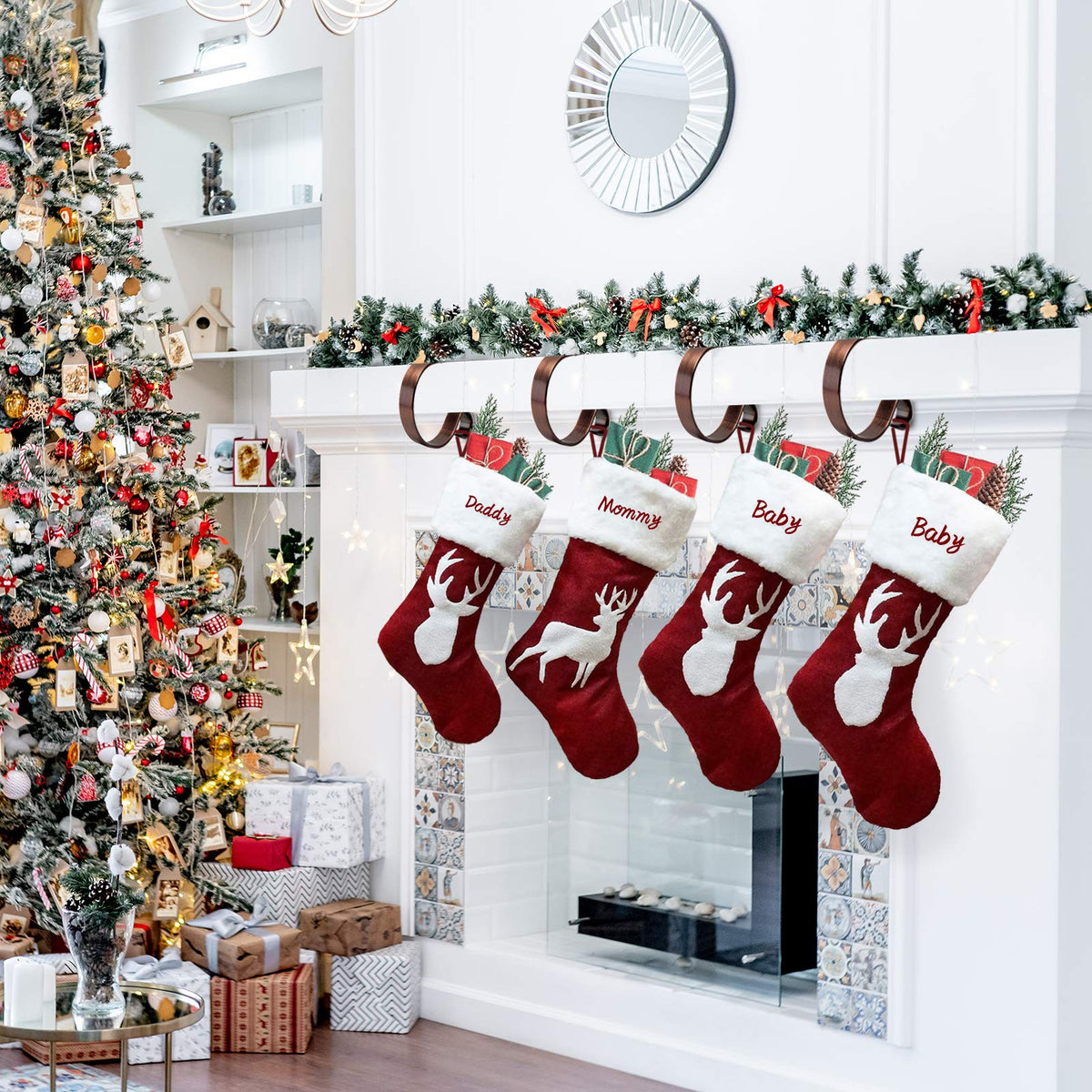 FINMOR Christmas Stocking Holders for Mantle Set 4,Lightweight Stocking Holder No-Slip Stocking Hangers for Mantel Fireplace,Adjustable Mantel Stocking Hooks