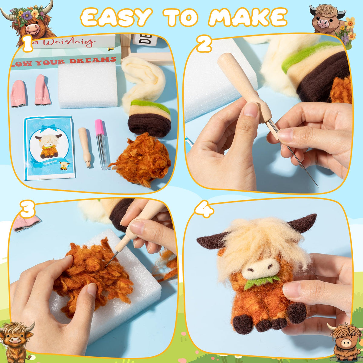 Highland Cow Needle Felting Kit - Set of 3 Different Highland Cow Doll Wool Felt Needle Felting Tools Foam Pad, DIY Home Decoration Needle Felting Craft Party Supplies for Beginners