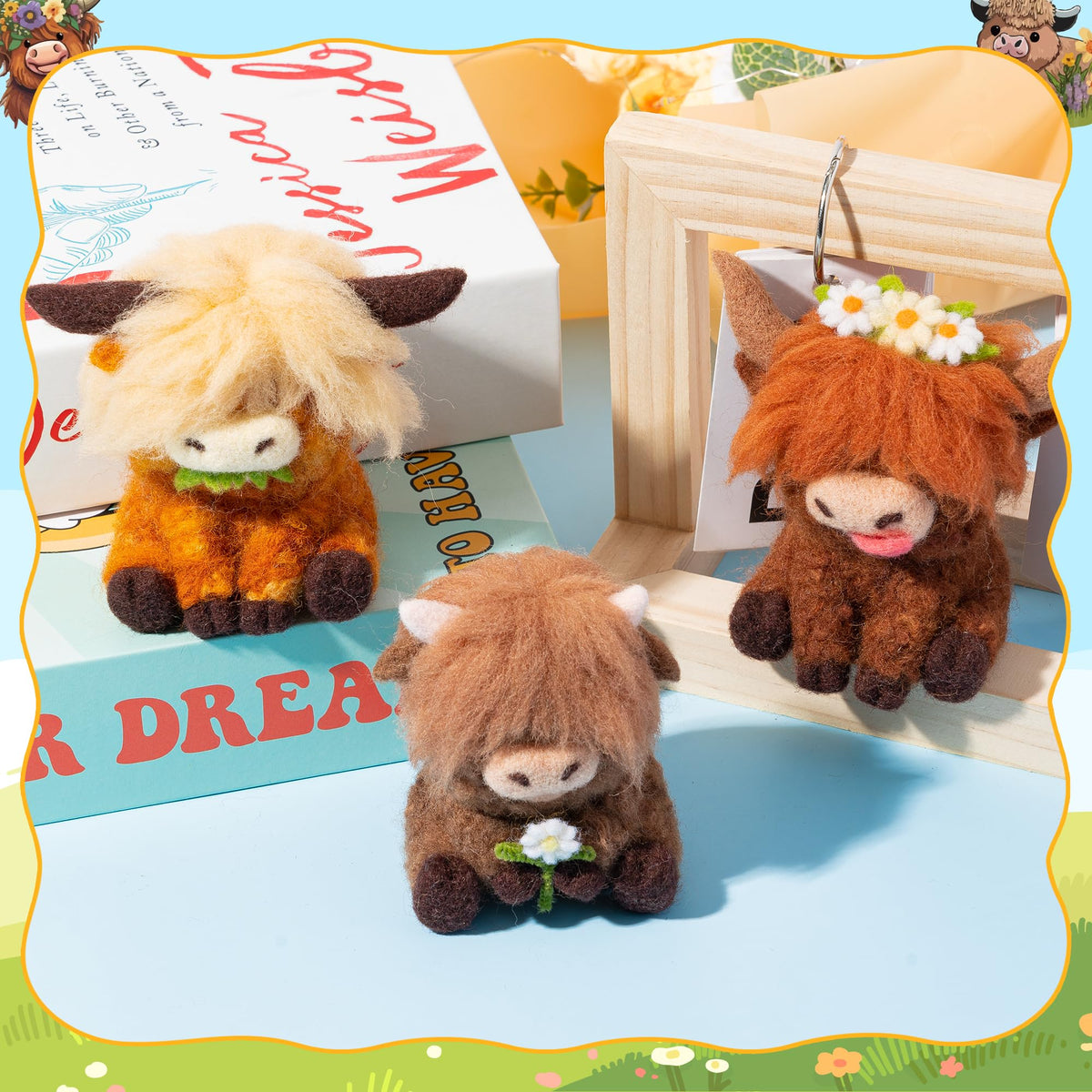 Highland Cow Needle Felting Kit - Set of 3 Different Highland Cow Doll Wool Felt Needle Felting Tools Foam Pad, DIY Home Decoration Needle Felting Craft Party Supplies for Beginners