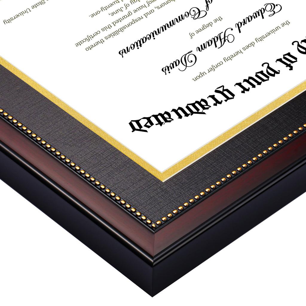 8.5x11 Diploma Certificate Frame with High Definition Glass, Degree Document Frame for Wall and Tabletop, Mahogany with Gold Beads, 1 Pack