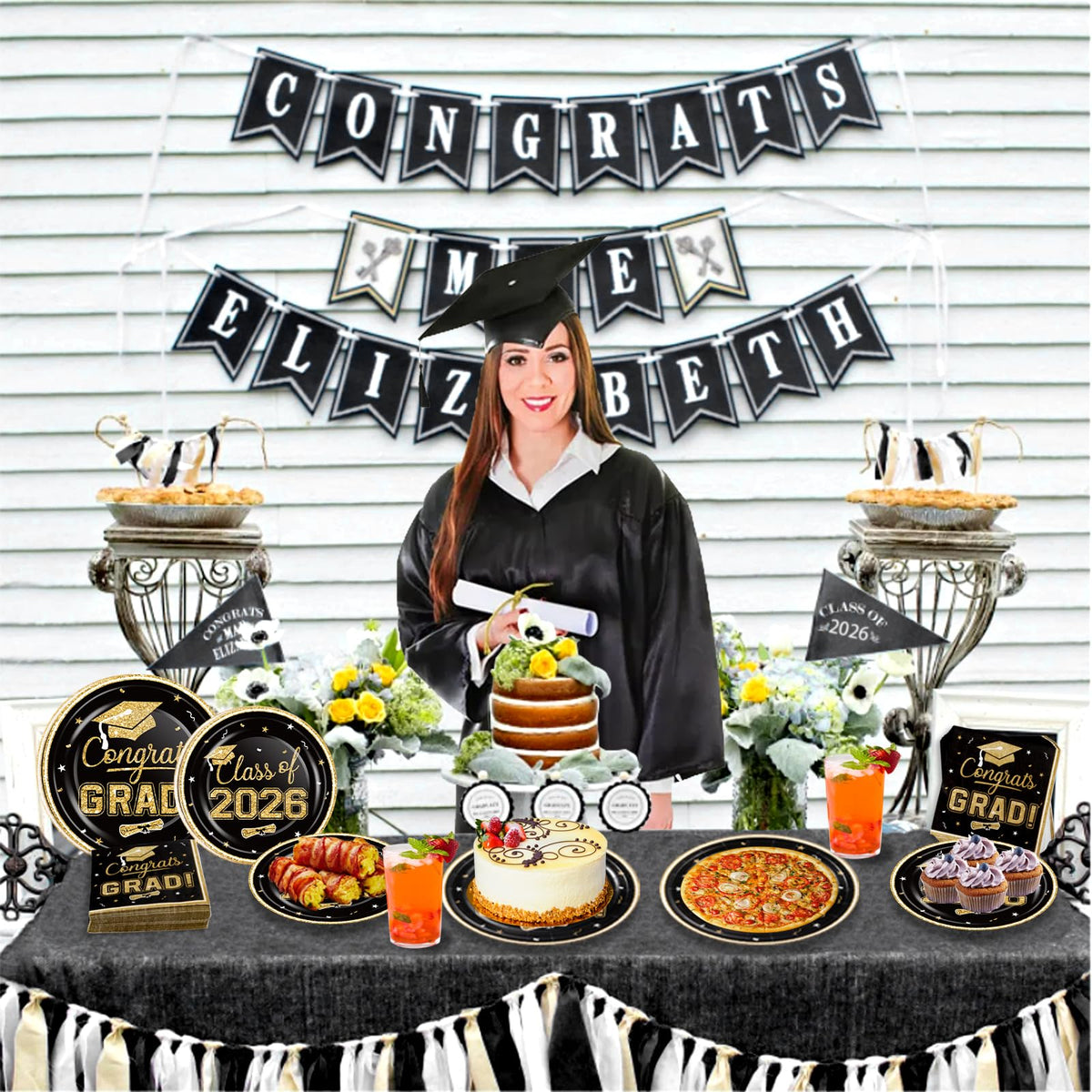2026 Graduation Party Supplies Tableware Set - 200 Pcs Black Gold Graduation Plates and Napkins Class of 2026 Disposable Dinnerware for College High School Congrats Graduation Party favors, Serve 50