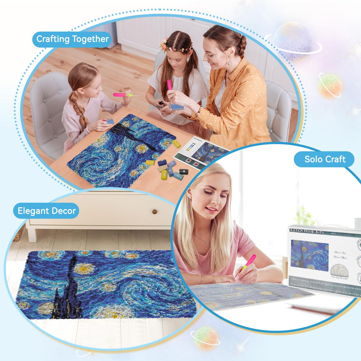 Latch Hook Rug Kit DIY Crochet Carpet for Beginners, Starry Sky Patterns Pre-Printed Canvas Yarn Rug Hooking Kits, Creative Craft Home Decor Ideal for Learning Rug Making