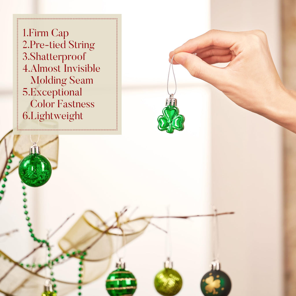 Valery Madelyn St Patricks Day Decorations Shamrock Tree Ornament Set, 28pcs 1.57inch Hanging Ball Ornament Irish Festival Decor, Good Luck Clover Green Gold Christmas Ball for Party Home Spring