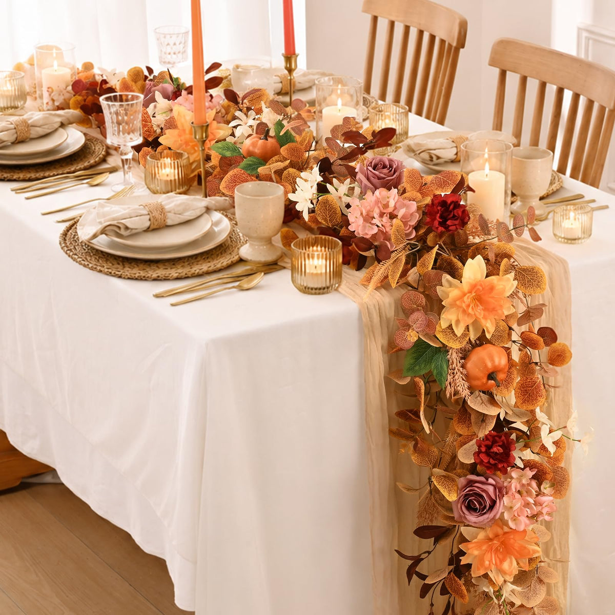 6FT Fall Garland for Mantle, Pumpkin Dahlia Garland Fall Decor