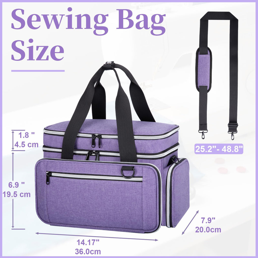 Large Sewing Supplies Organizer, Double Layer Sewing Storage Organizer with Two Detachable Dividers, Travel Sewing Bag Organizer with Shoulder Strap for Accessories, Purple, (Bag Only)