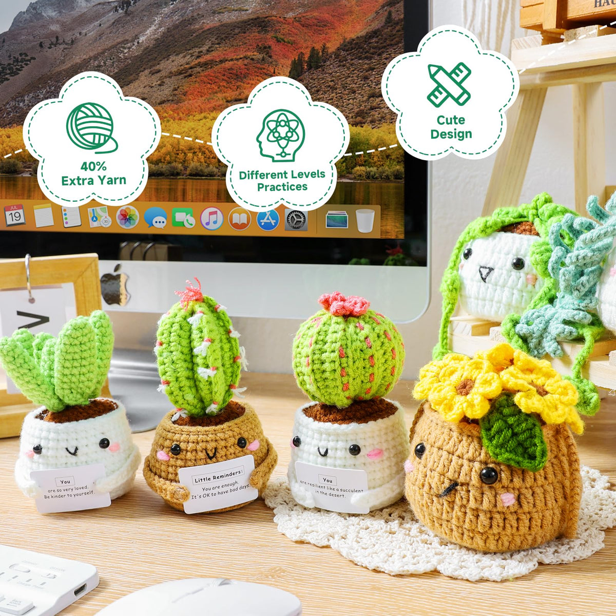 Imcrasy Crochet Kit for Beginners with Step by Step Video Lessons | 6 PC Potted Plants and Succulent Family Crochet Kit with Accessories (40%+ Yarn)
