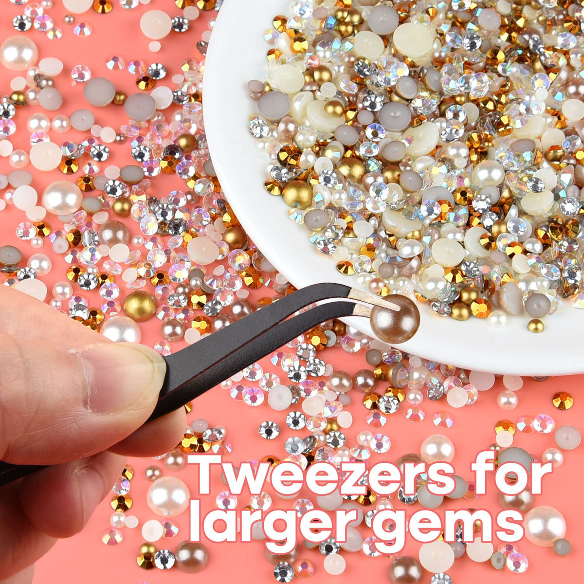 50g Mix Flatback Rhinestones Half Pearls for Craft Mixed Size 3mm-10mm Flat Back Rhinestones for Crafts Flatback Pearls for DIY Tumblers Mugs Nail Art Shoes Clothes (Champagne Gold Series)