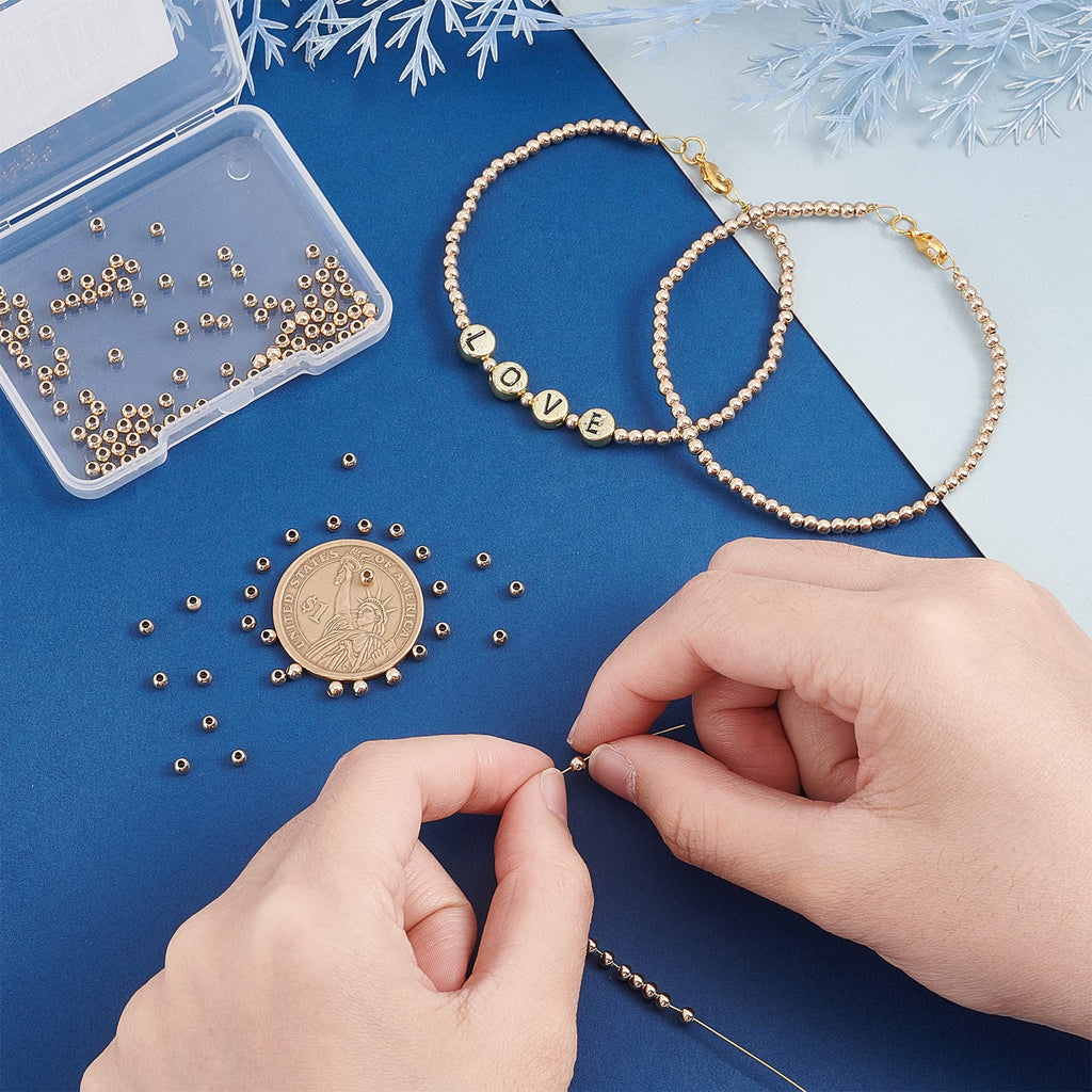 3mm 14K Gold Spacer Beads, 300pcs Mini Smooth Round Beads Seamless Ball Beads Small Brass Loose Beads Metal Beads for Summer Hawaii Layered Necklace Bracelet Jewelry Making