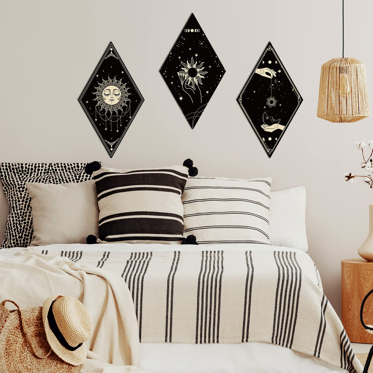 6 Pieces Boho Wall Decor Sun Moon Phases Wall Art Gothic Minimalist Stars Sun Hanging Wooden Home Decor Farmhouse Pediments for Gallery Living Bedroom Room(Boho)