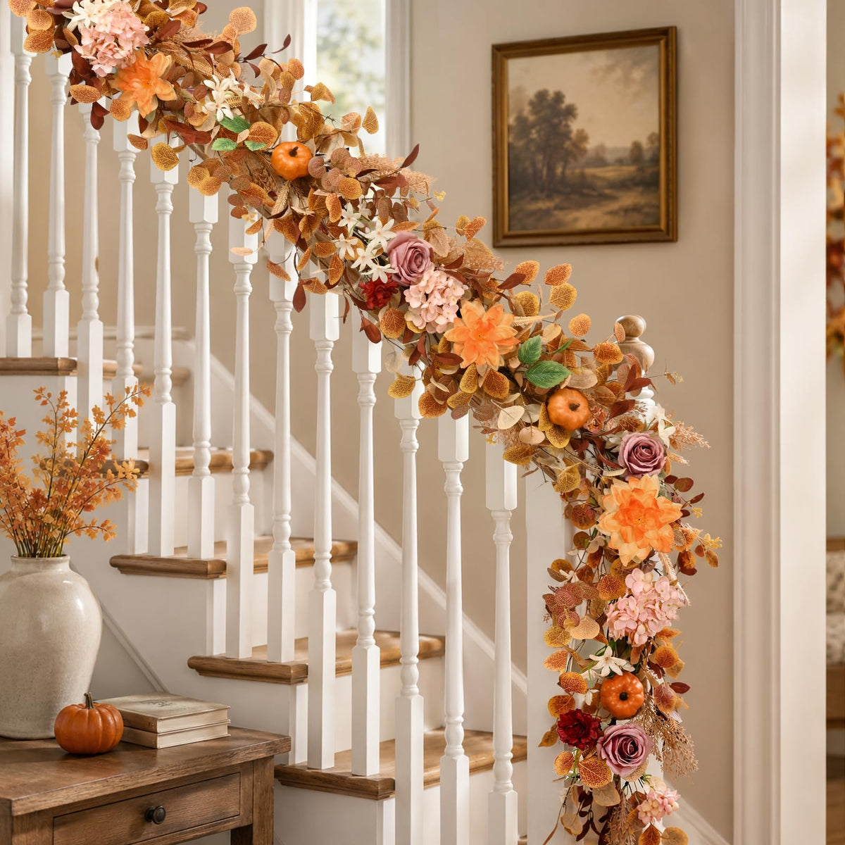 6FT Fall Garland for Mantle, Pumpkin Dahlia Garland Fall Decor