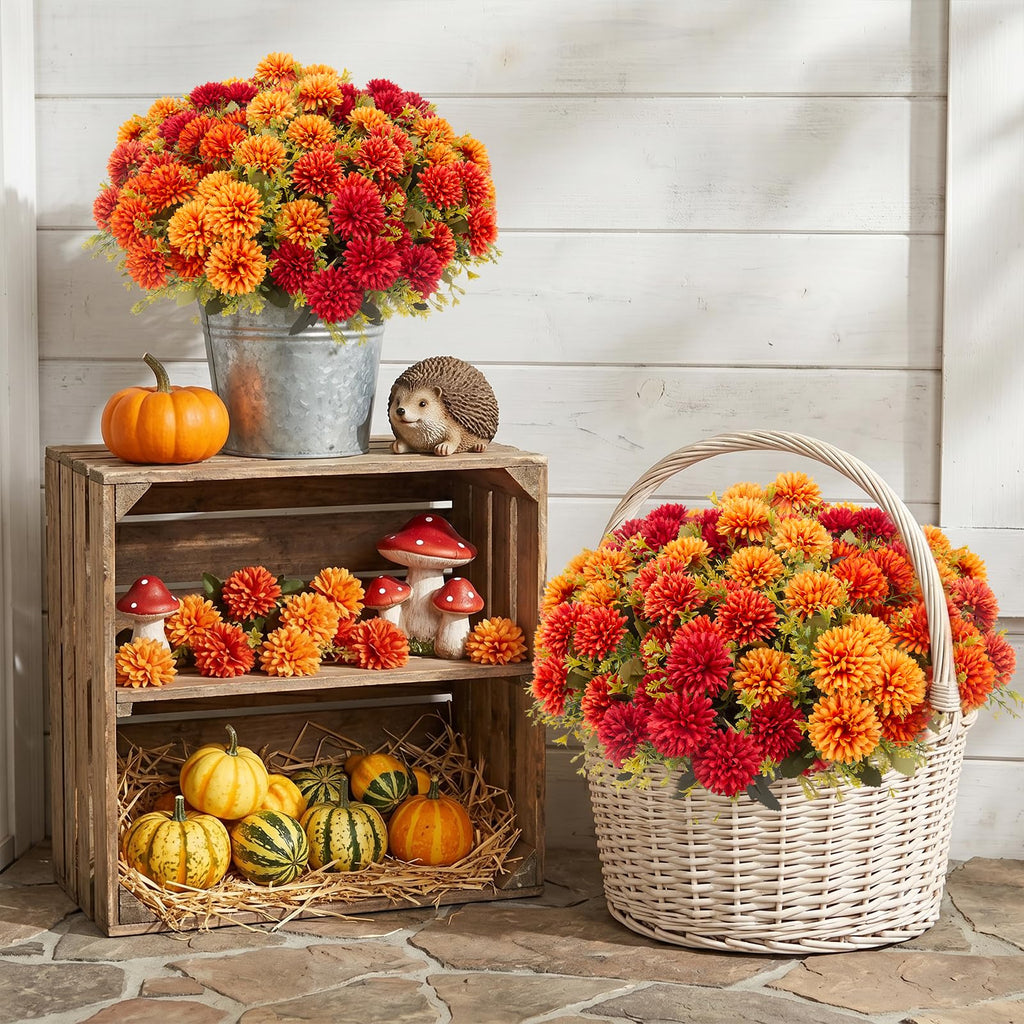 12 Pcs Artificial Mums Flowers for Outdoor, UV Resistant Fake fall Chrysanthemums Marigold Plant, Autumn Floral Arrangements for Outside, Garden, Yard (12, Orange, Burnt Orange, Red, Burgundy)