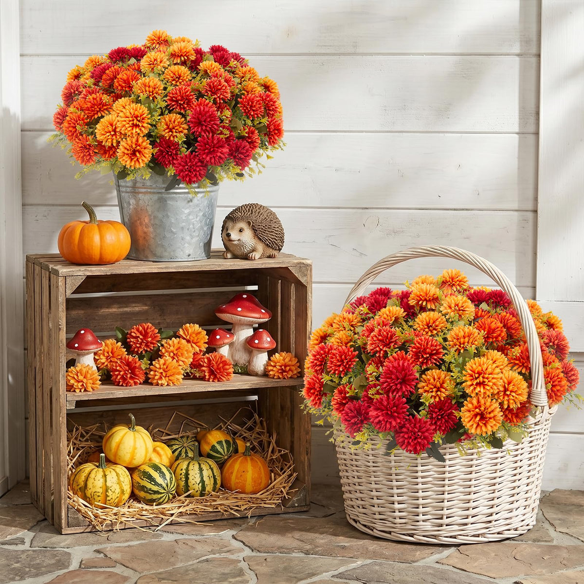 12 Pcs Artificial Mums Flowers for Outdoor, UV Resistant Fake fall Chrysanthemums Marigold Plant, Autumn Floral Arrangements for Outside, Garden, Yard (12, Orange, Burnt Orange, Red, Burgundy)