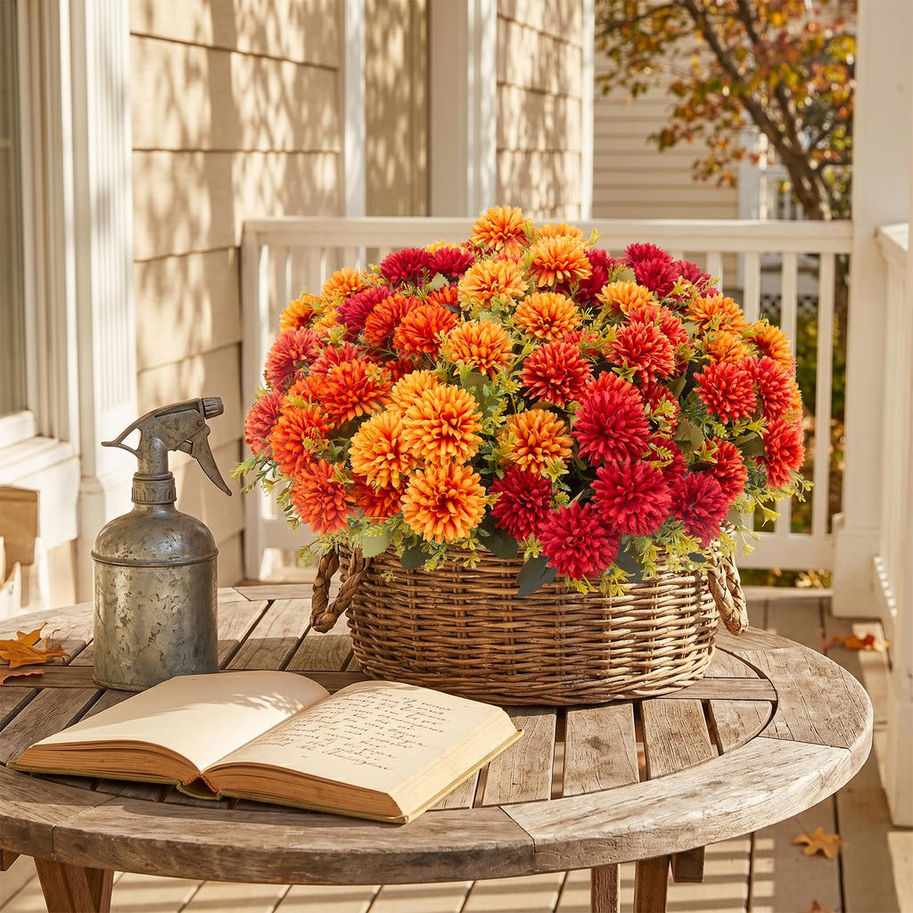12 Pcs Artificial Mums Flowers for Outdoor, UV Resistant Fake fall Chrysanthemums Marigold Plant, Autumn Floral Arrangements for Outside, Garden, Yard (12, Orange, Burnt Orange, Red, Burgundy)