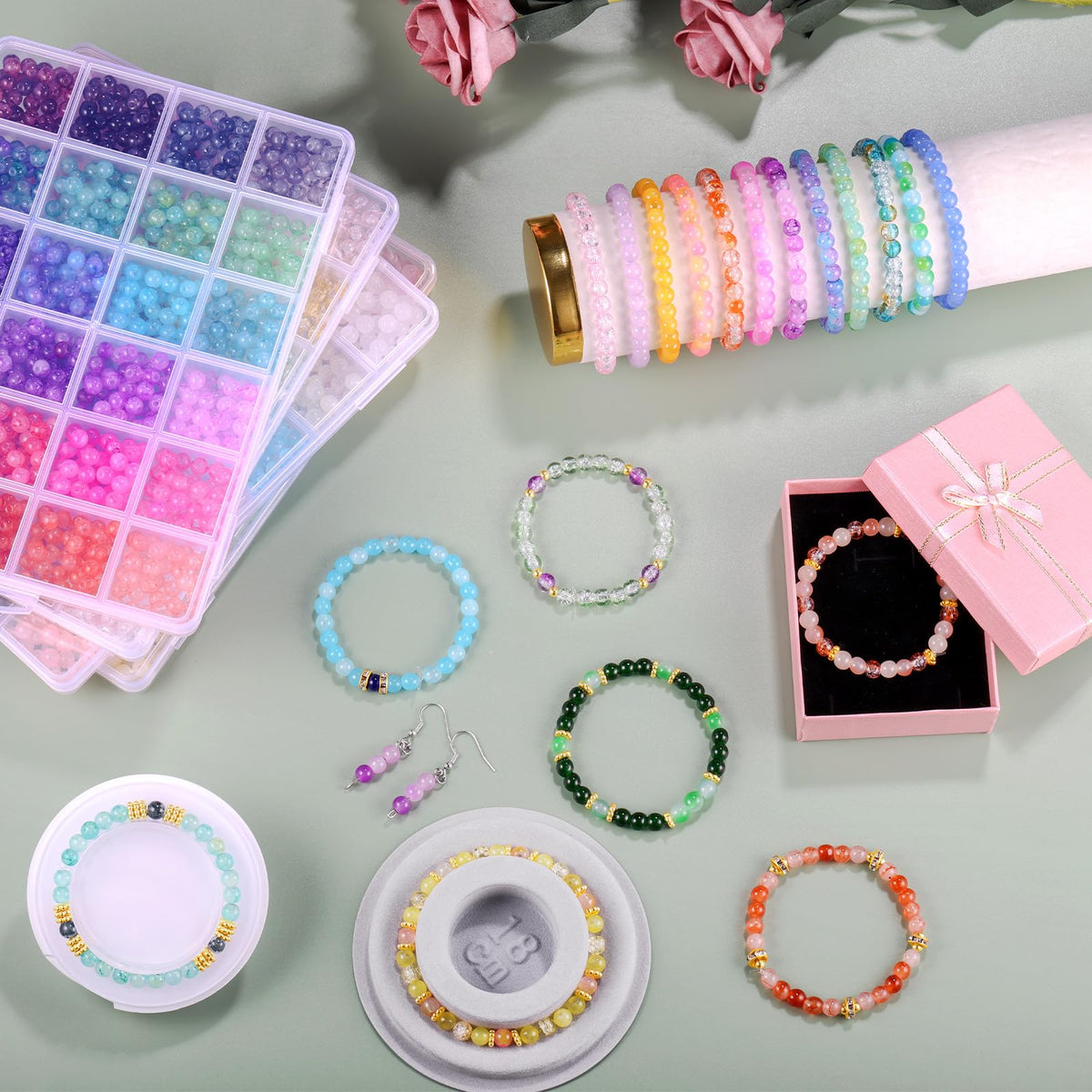 3524pcs Glass Beads Bracelet Making Kit, 4 Types 96 Colors 6mm Glass Beads for Bracelets, Round Crystal Beads for Jewelry Making Necklace Earrings DIY Crafts