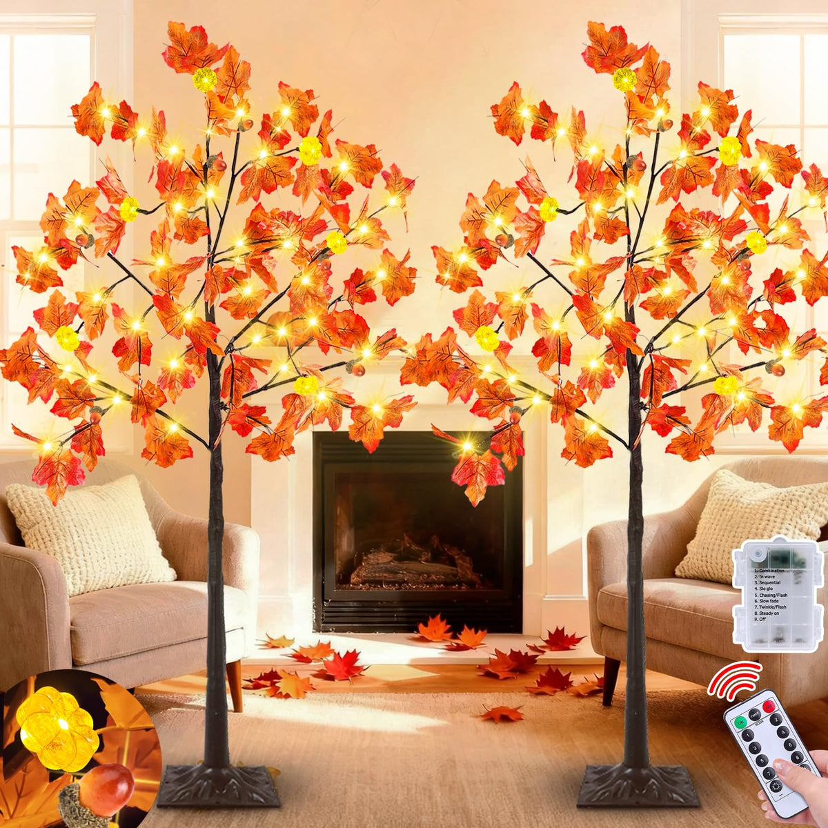 Remote Control&Timer - 2Pack 4 Ft Prelit Lighted Fall Maple Tree 96LED