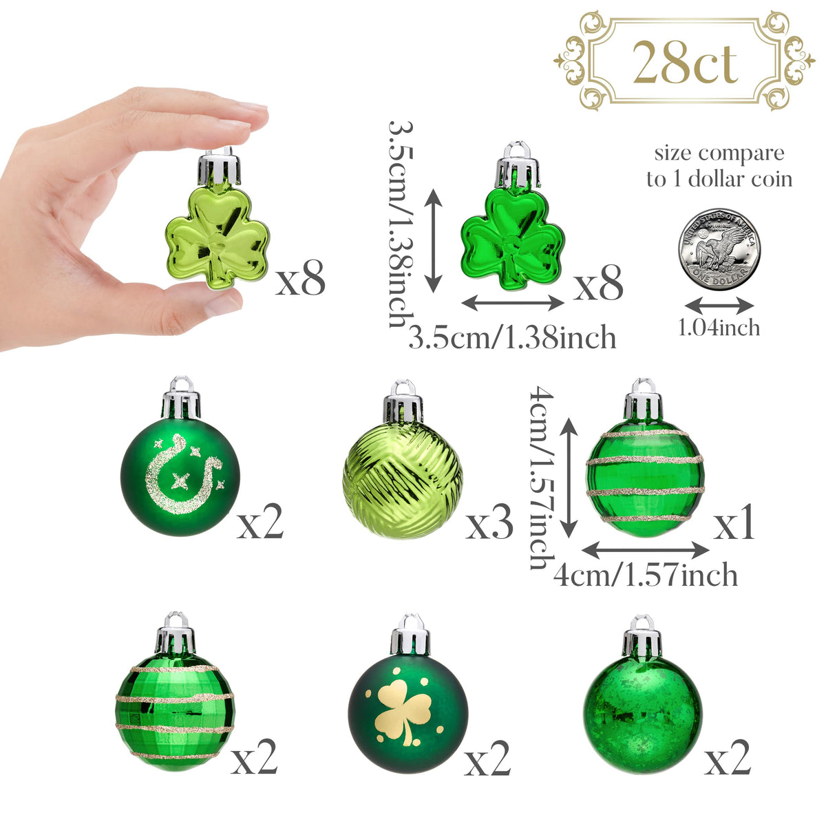 Valery Madelyn St Patricks Day Decorations Shamrock Tree Ornament Set, 28pcs 1.57inch Hanging Ball Ornament Irish Festival Decor, Good Luck Clover Green Gold Christmas Ball for Party Home Spring