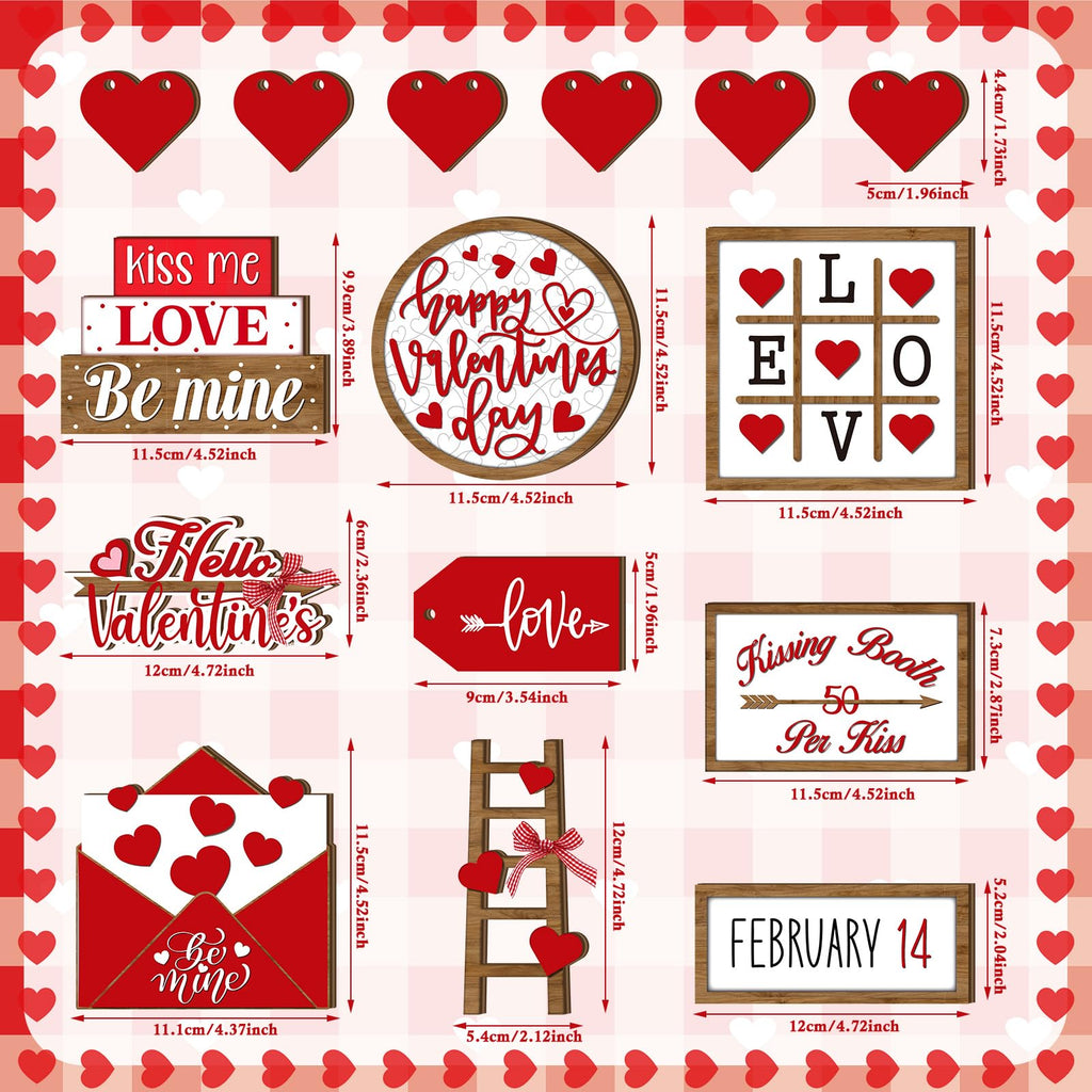 15 Pcs Valentine's Day Tiered Tray Decor Set Farmhouse Wood Valentine's Day Table Decorations Tabletop Rustic Wooden Red Love Heart Be Mine Kiss Me Table Signs for Wedding Party Gift