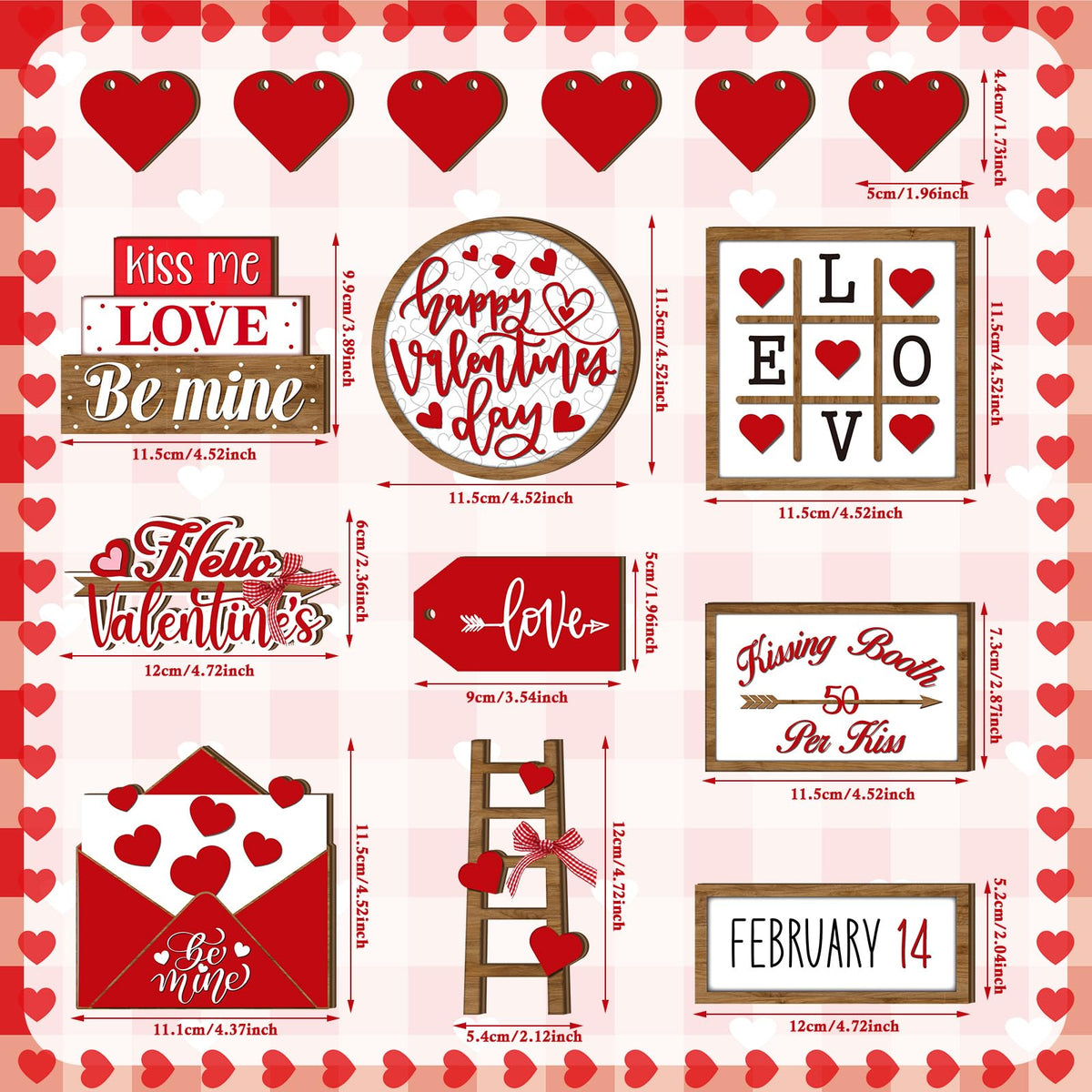 15 Pcs Valentine's Day Tiered Tray Decor Set Farmhouse Wood Valentine's Day Table Decorations Tabletop Rustic Wooden Red Love Heart Be Mine Kiss Me Table Signs for Wedding Party Gift