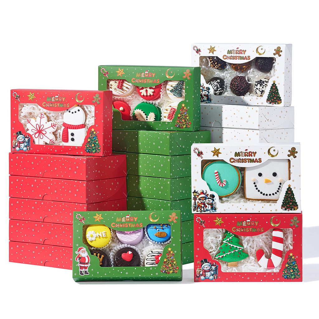 24PCS 7x4.3x1.5Inch Christmas Cookie Gift Boxes (3 Patterns&Clear Window) – Ideal for Cookie, Strawberry, Macaron, Ores; Treat Boxes for Party, Wedding, Birthday, Christmas Gift-Giving