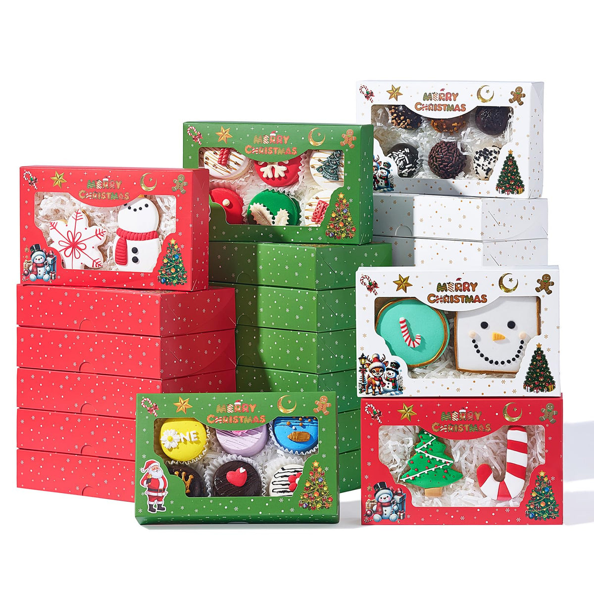 24PCS 7x4.3x1.5Inch Christmas Cookie Gift Boxes (3 Patterns&Clear Window) – Ideal for Cookie, Strawberry, Macaron, Ores; Treat Boxes for Party, Wedding, Birthday, Christmas Gift-Giving