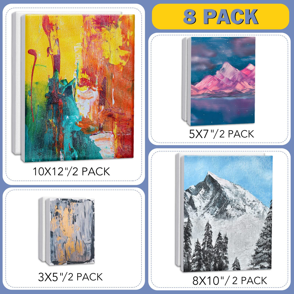 Stretched Canvases for Painting, 8PCS Multi Pack Canvas 3x5”, 5x7”, 8x10”, 10x12”(2 of Each), Acid-Free Wood Frame Blank Canvas, Art Canvas Pre Primed for Acrylic, Oil Painting, Tempera Paintings.