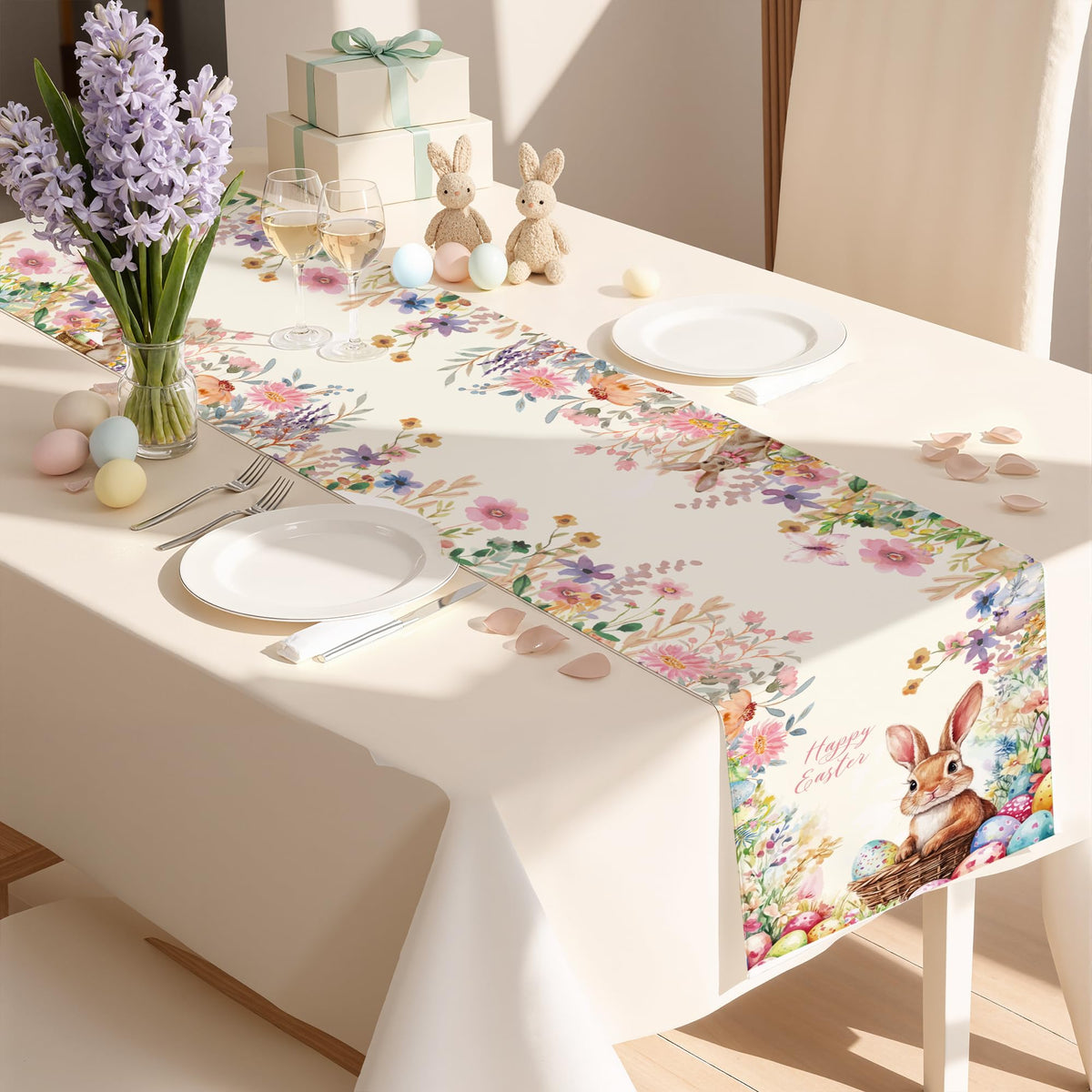 Easter Decorations - Egg Rabbit Table Runner | Easter Party Decorations Favors Supplies Indoor Outdoor - Spring Backdrop Banner Basket Stuffers for Kitchen Home Dining Table Decor