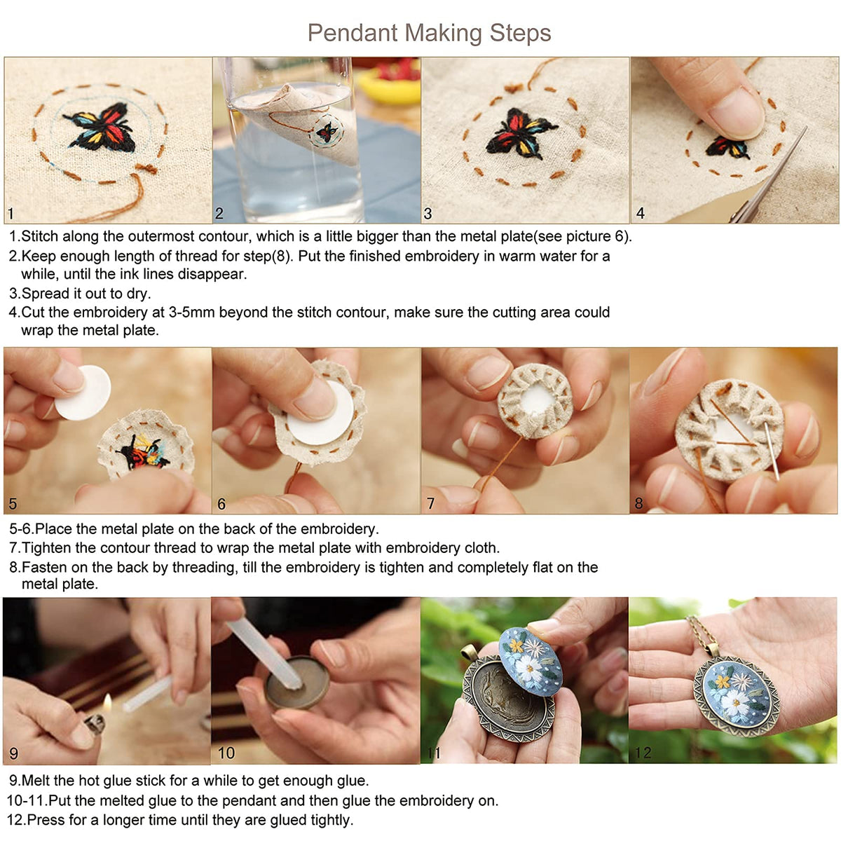 4 Packs Embroidery Necklace Kits, Embroidery Pendant Kit Mini Cross Stitch Kit with 4 Hoops, Necklace, Pendant, Stamped Pattern Cloth, Instructions, etc., Embroidery Kits for Adults